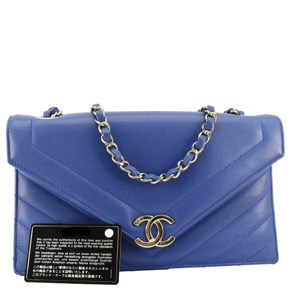 Chanel Coco Envelope Flap Quilted Chevron Leather Crossbody Bag Blue - Picture 1 of 13